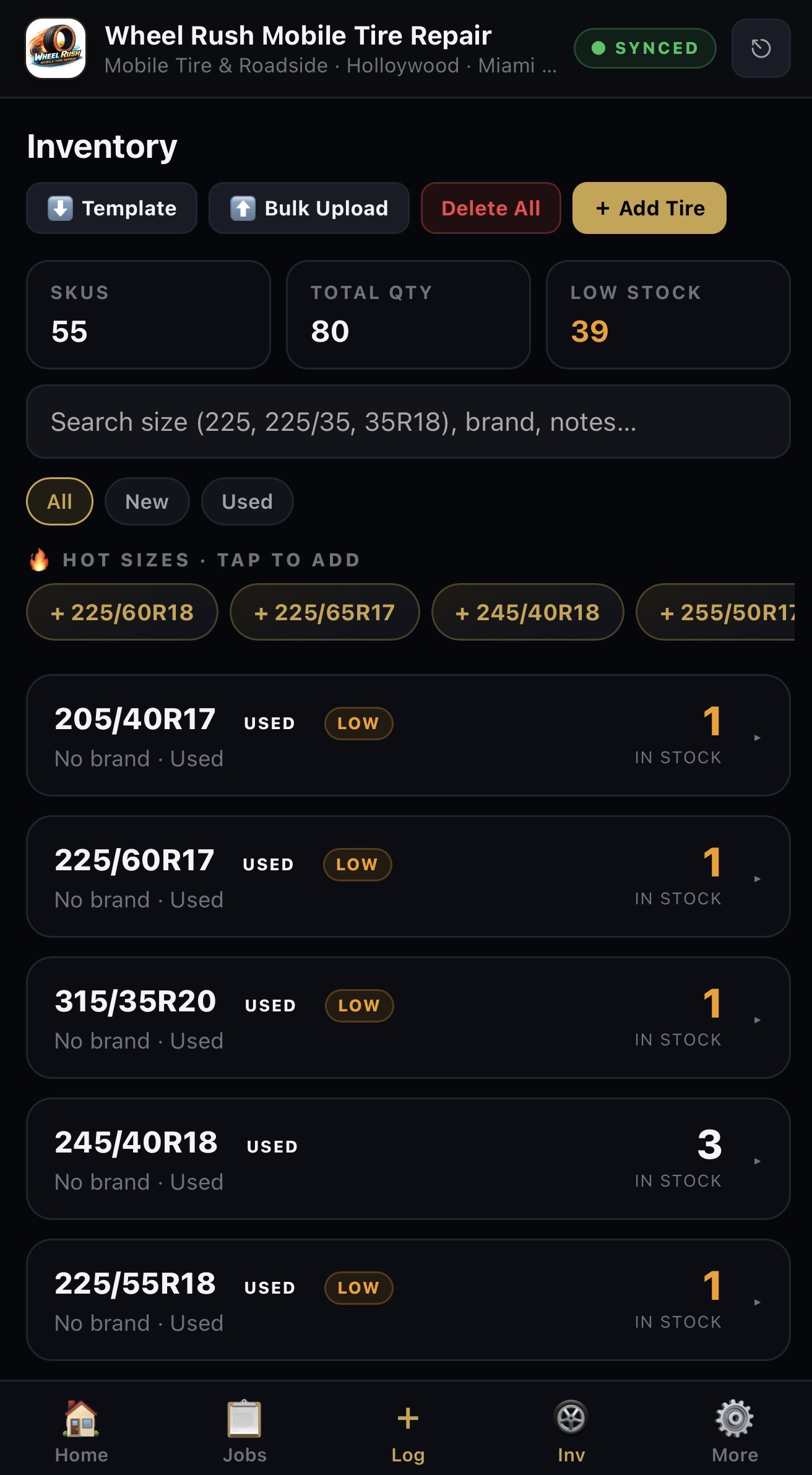 Tire inventory by size and brand with hot sizes and low-stock alerts