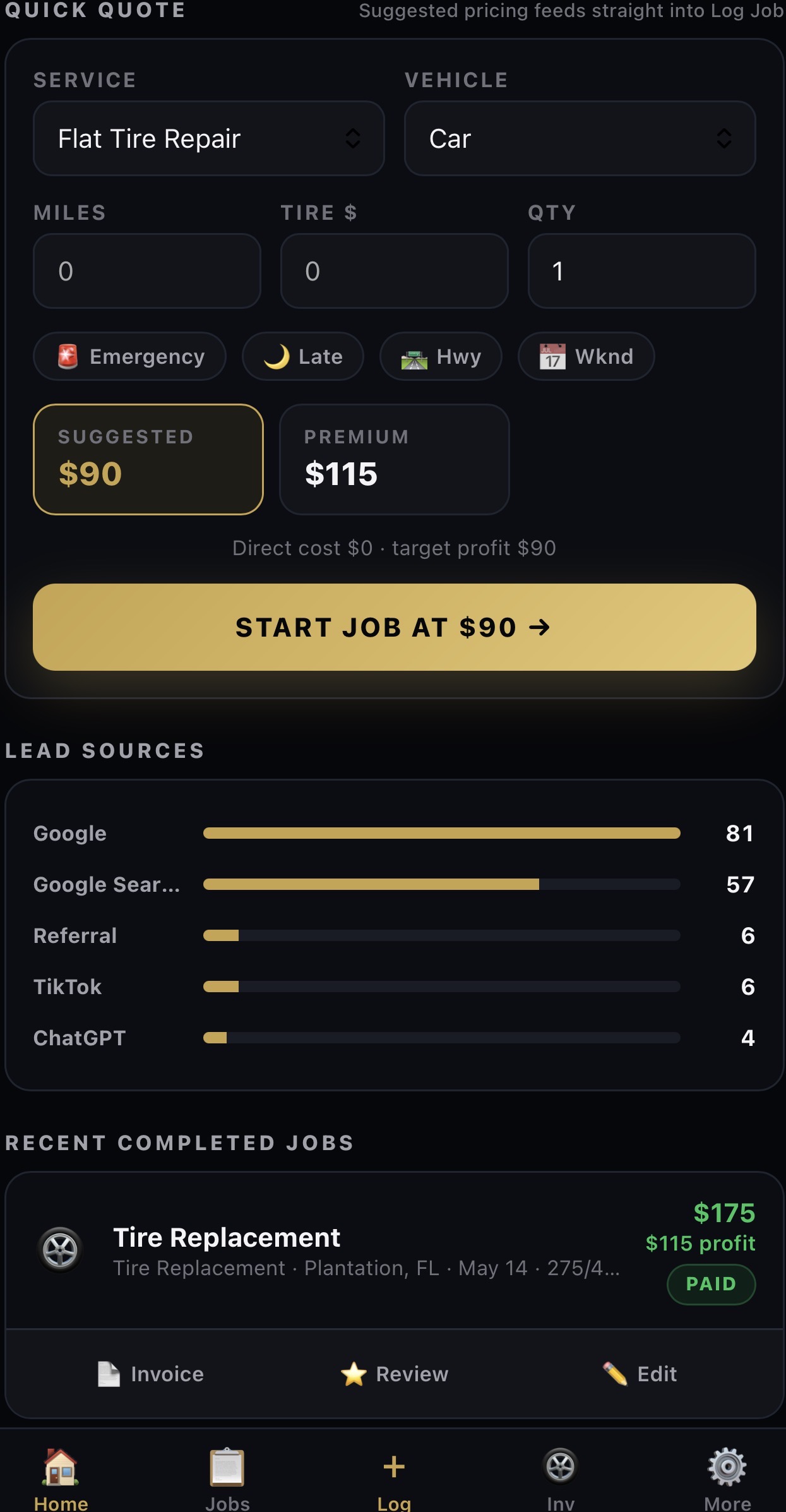 Quick Quote screen with suggested $90 and premium $115 pricing for a flat tire repair