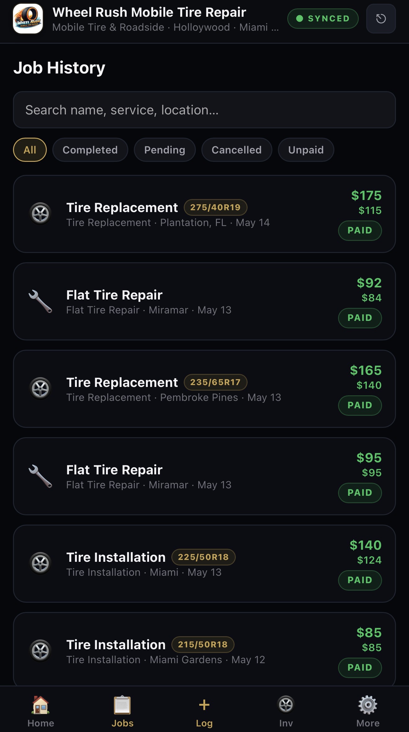 Job History view with completed tire jobs, tire sizes, locations, profit per job