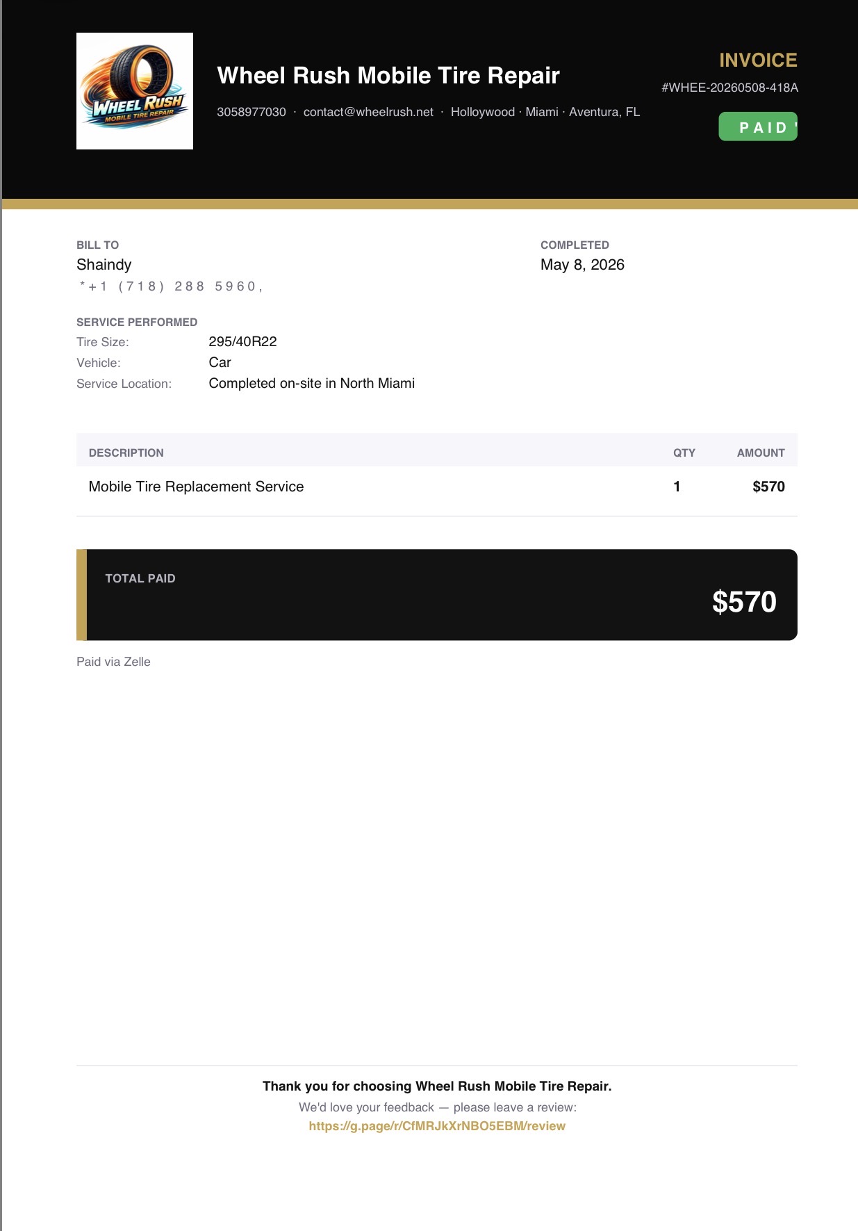 Branded Wheel Rush Mobile Tire Repair invoice showing logo, service details, total paid