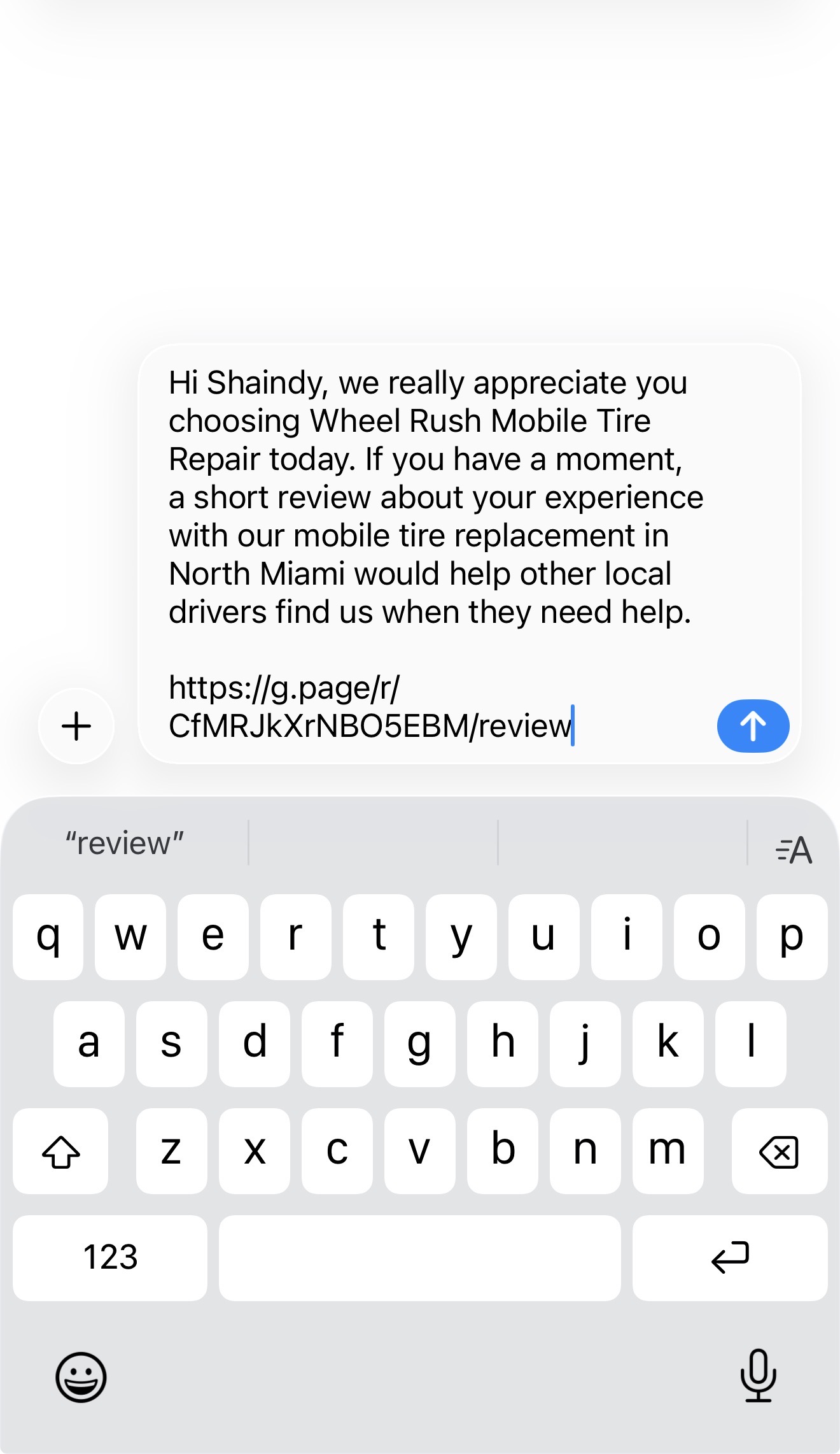 One-tap review request SMS personalized with customer name and service area